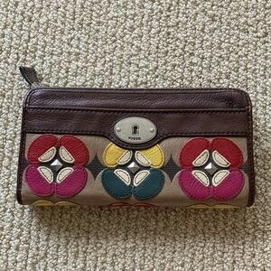 NEW Fossil Leather Full Zip Continental Wallet Luxe Flowers 8” by 4” Bag NWOT